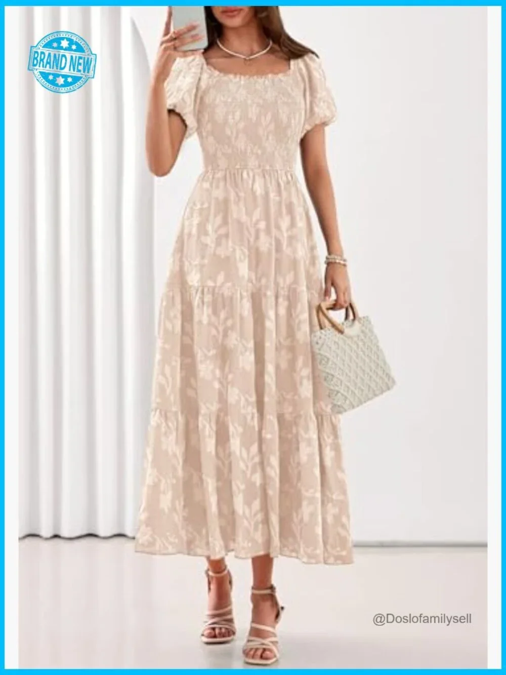 Boho Maxi Dress Floral Square Neck Smocked Bodice Flowy Tiered Summer - Picture 2 of 7